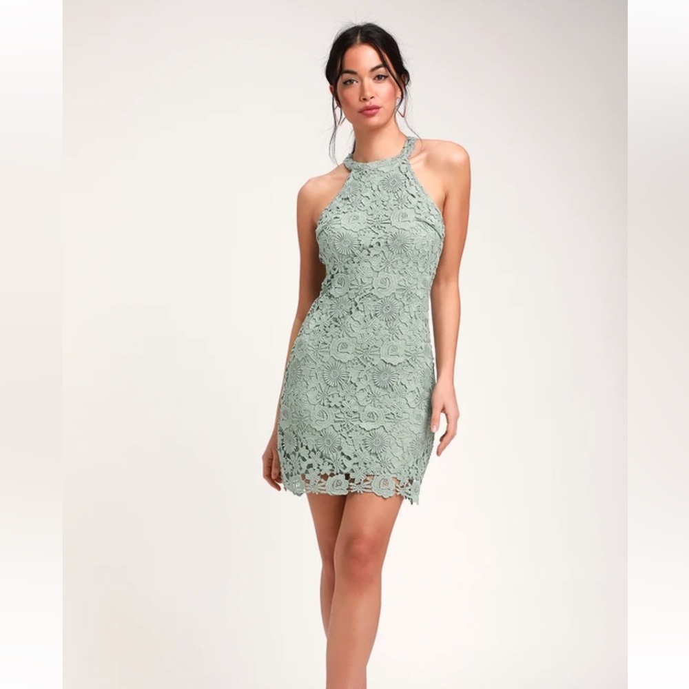 Lulus Love Poem Sage Green Lace Mini Dress
